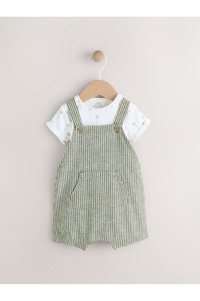 Next Baby 100% Cotton Green Striped Salopet Bodysuit Set