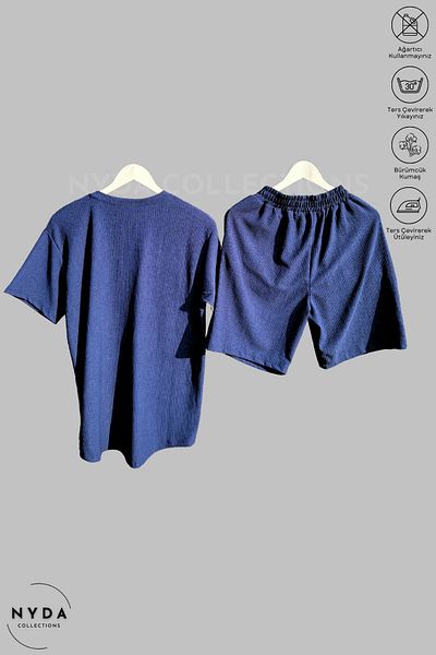 Nyda Collections Bürümcük Suit Lycra Crinkle Fabric Summer Crew Neck Short Sleeve T-Shirt Navy Blue Shorts Suit