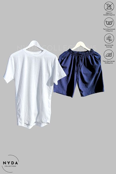Nyda Collections Bürümcük Suit Lycra Crinkle Fabric Summer Crew Neck Short Sleeve T-Shirt Navy Blue-White Shorts Suit