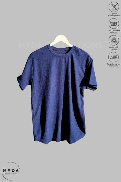 Nyda Collections Bürümcük Suit Lycra Crinkle Fabric Summer Crew Neck Short Sleeve T-Shirt White-Navy Blue Shorts Suit