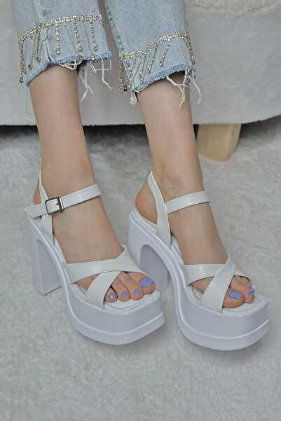asmi shoes Beyaz Çapraz Bant 12 Cm Topuklu Platformlu Ortopedik Taban Ayakkabı