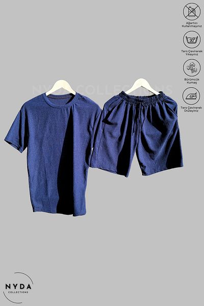Nyda Collections Bürümcük Suit Lycra Crinkle Fabric Summer Crew Neck Short Sleeve T-Shirt Navy Blue Shorts Suit