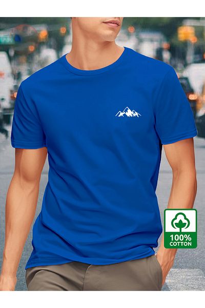 Let's Wear 100% βαμβακερό ανδρικό μπλουζάκι με κοντό μανίκι με στάμπα βουνού με στρογγυλή λαιμόκοψη, κανονικό μήκος