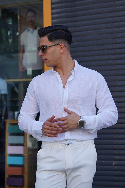 JACK CAPRİO Men's Slim Button down 100% Cotton Summer Flaming Linen Shirt High Quality