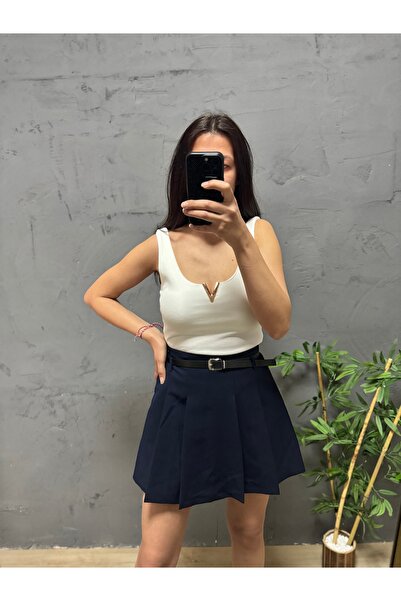 FASHION Pileli kemerli şort etek