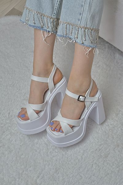 asmi shoes Cream Cross Band 12 cm Heeled Platform Orthopedic Sole Shoes