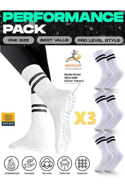 Sirius Sportswear Pachet de 3 șosete pentru femei, alb-negru, cu talpă din cauciuc anti-alunecare, Pilates, yoga, fitness, dans, activitate, alergare, tenis, sport