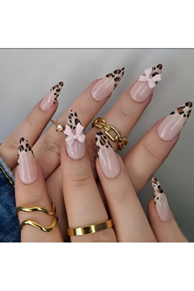PİRAYE AKSESUAR 24'lü Leopar French ve Pembe Fiyonk Detaylı Orta Boy Badem Mo...