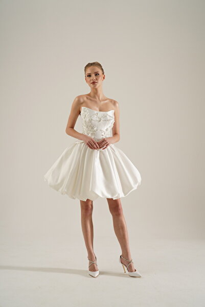 The White Remedy Beyaz Mini Saten Gelinlik Straplez Korse Detaylı Söz Nişan N...