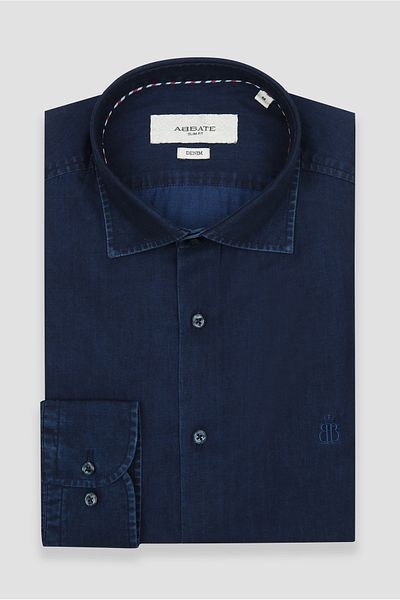 Abbate Donatello Denim Cotton Sports Slim Fit Dark Navy Blue Classic Collar Men's Shirt