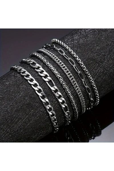 David Stone 6Pcs Stainless Steel Men's Bracelet Set - Stylish, Hypoallergenic, Durable 201 Stainless Chain Set