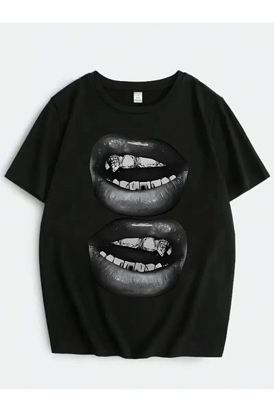 Touz Moda Μπλουζάκι Unisex Oversize με στάμπα με δύο χείλη