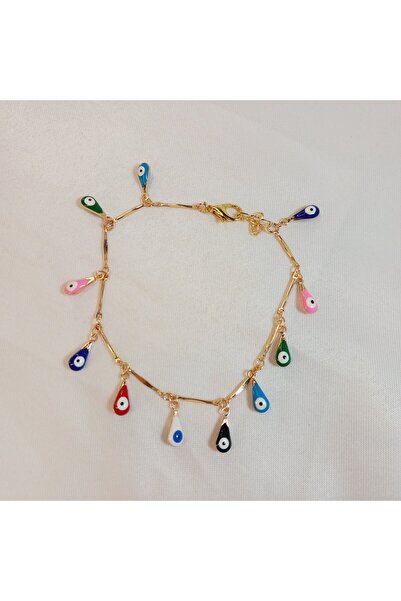 Crystal Atelier Kararmaz Nazar Boncuklu Charmlı Halhal Çelik Bileklik