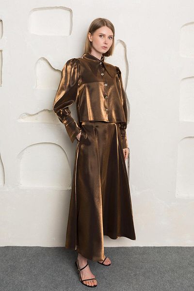 Nurs Satin Shirt Skirt Suit Brown