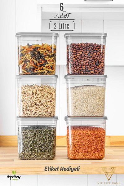 VİP LİFE HOME Practical 6-Piece 2000 ml Rectangular Food and Pulses Storage Container Set (20 Labels with Gift)