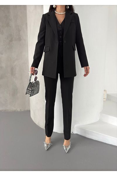 MYGİYİMİSTANBUL Jacket Vest Slim Leg Pants Waist Elastic Detail 3 Piece Suit