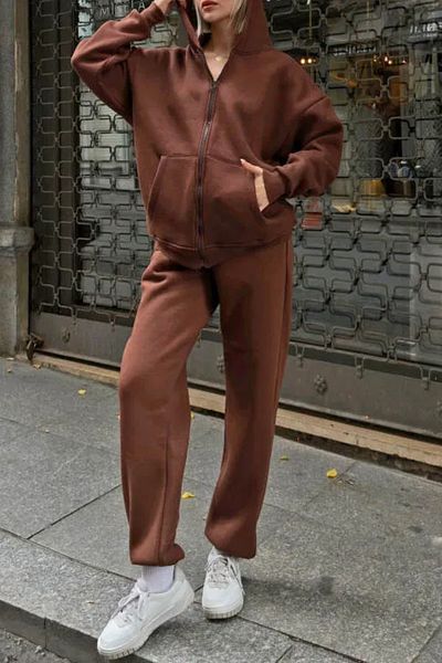 ruNadeS Women's Brown 3 Thread Rose Gold Fleece Hooded Zippered Obesity Set