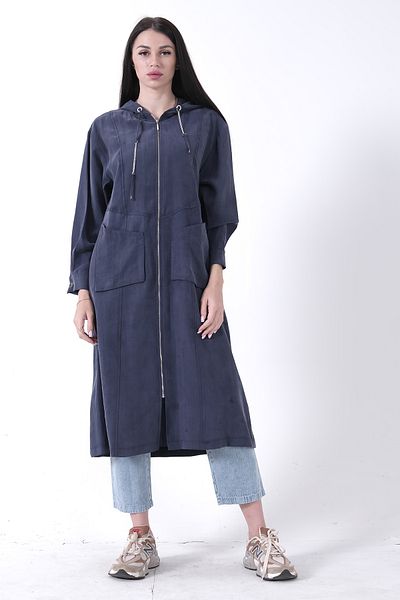 Feminist Double Pocket Detailed Zipper Closure Hooded Cap Navy Blue 44510684