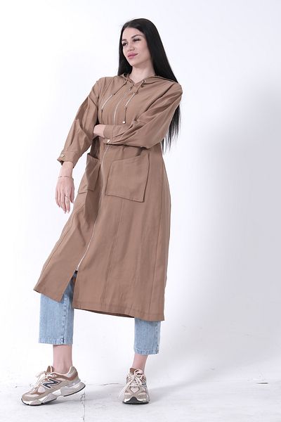 Feminist Double Pocket Detailed Zipper Closure Hooded Cap Camel 44510684
