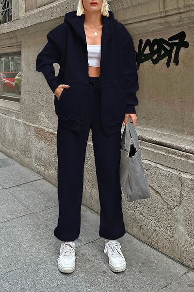 ruNadeS Navy Blue 3 Thread Raised Fleece Inside Door Zippered Tracksuit Set