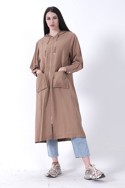 Feminist Double Pocket Detailed Zipper Closure Hooded Cap Camel 44510684