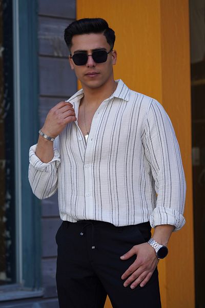 JACK CAPRİO Men's Muslin Breathable High Quality Thin Organic Cotton Striped Fabric