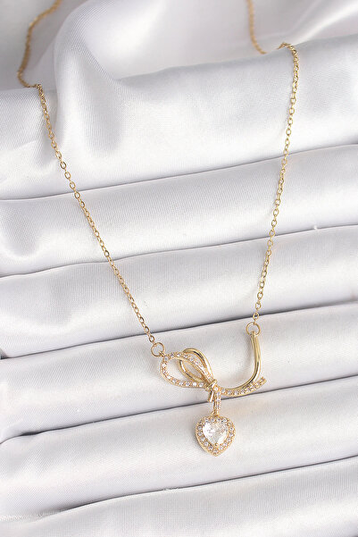 Skygo 316L Steel Gold Color Chain Zircon Stone Knot Dangle Heart Model Women's Necklace - Tj-Bko9857