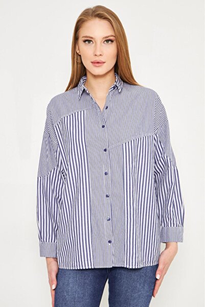 By Pommes Life Women's Garnished Striped Buttoned Oversize Cotton Shirt