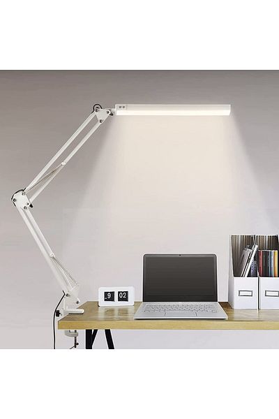 mythtiger White LED Folding Metal Desk Lamp Clip on Light Clamp Long Arm Diming Table Lamp 3 Colors Adjustable