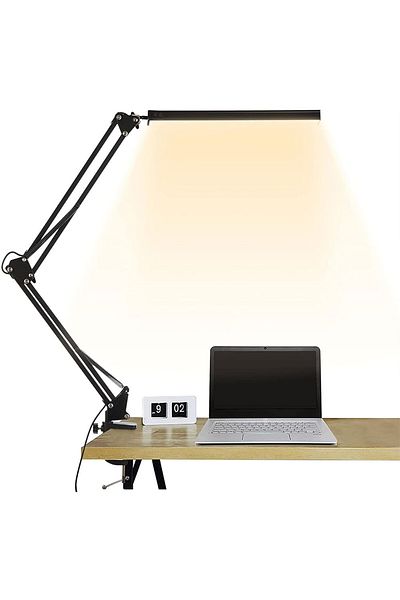 mythtiger Black LED Folding Metal Desk Lamp Clip on Light Clamp Long Arm Diming Table Lamp 3 Colors Adjustable