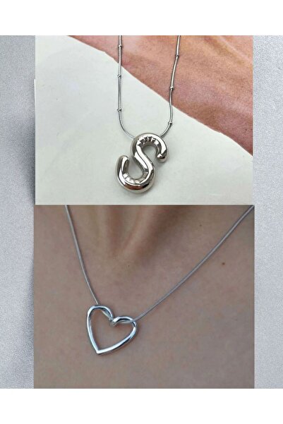 Le Manolia Accessories Çelik Kararmaz Balon S Harf Kolye Ve Kararmaz Çelik Düğüm Kalp Kolye Çelik Zincir Kombin Kolye