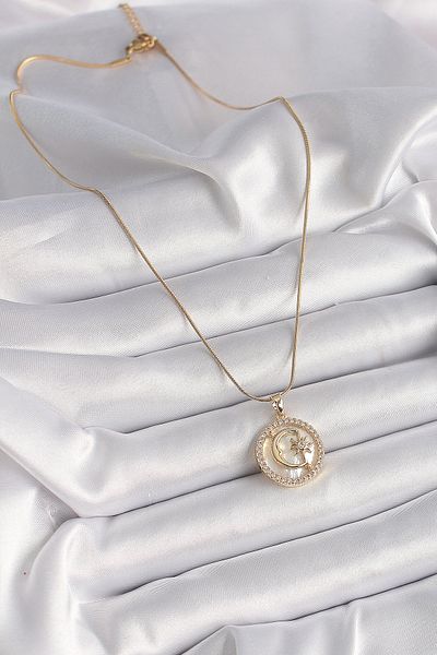 Clariss 316L Steel Gold Color Chain Zircon Stone Detailed White Mother of Pearl Moon Model Women's Necklace