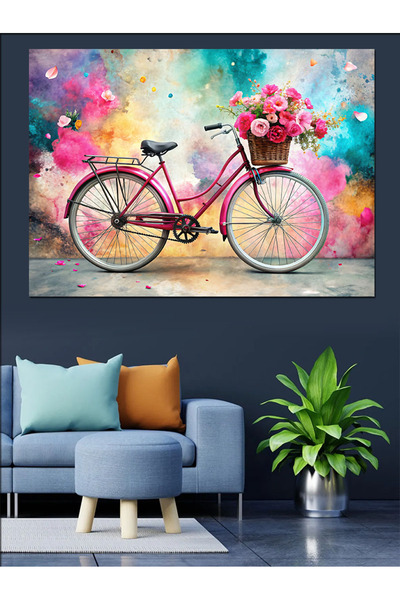 KanvasSepeti Розов велосипед и цветя Маслена живопис Текстурирана висококачес...
