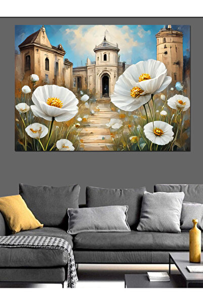 KanvasSepeti Декоративно платно с бели цветя - Маслена живопис върху високока...