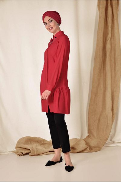 Alvina Brooch Detailed Tunic 4853 - Neckline Flounce and Skirt