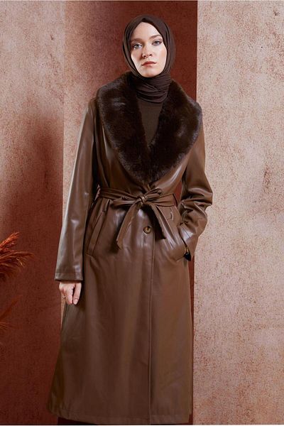 Alvina Fur Detailed Funnel Leather Trench Coat 10909