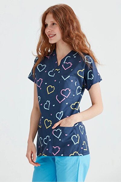 Moodamedikal Renkli Büyük Kalp Desenli Takım Terikoton Ince Kumaş Dr Greys Ke...