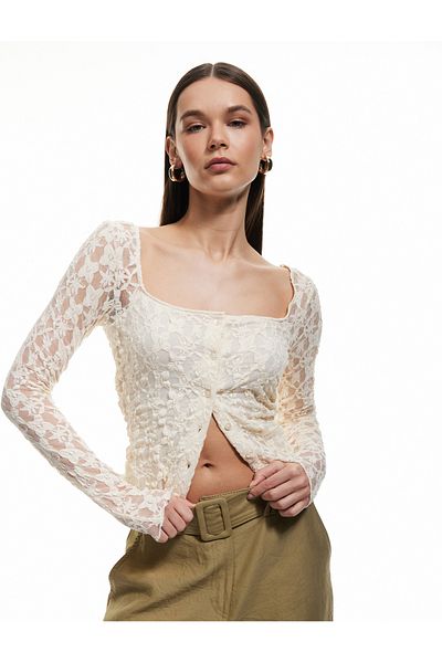 Koton Semi-See-Through U-Neck Long Sleeve Button Lace Blouse