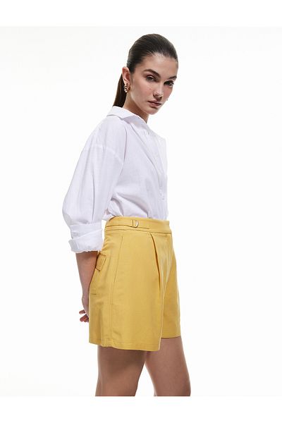 Koton Pocketed Viscose Linen Blend Mini High Waist Shorts with Metal Accessories