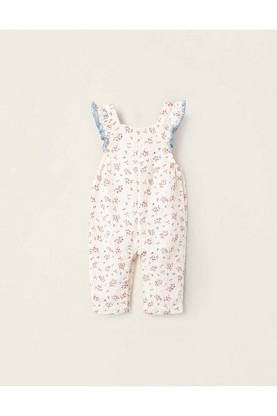 Ziddy Floral Cotton Jumpsuit for Newborn Girls, Beige/Blue