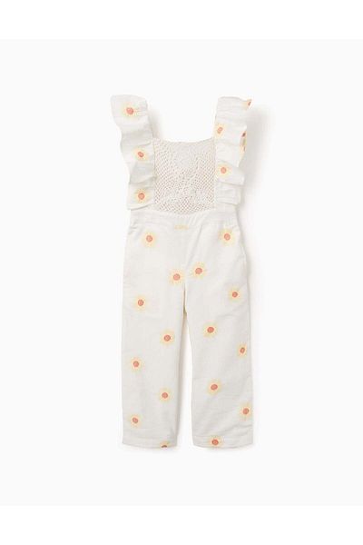 Ziddy Cotton and Linen Jumpsuit with Flowers and Crochet for Girls, White