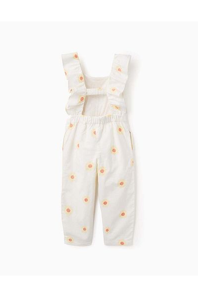 Ziddy Cotton and Linen Jumpsuit with Flowers and Crochet for Girls, White