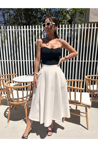 TUBA İNAN Women's Midi White Long Skirt