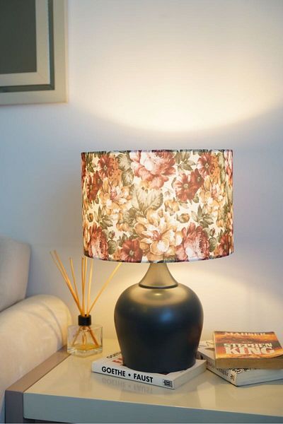 retro home design Anthracite Color Footed Flower Printed Cylinder Lampshade Table Lamp Living Room Bedroom