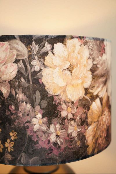 retro home design Anthracite Color Footed Dark Flower Printed Cylinder Lampshade Table Lamp Living Room Bedroom
