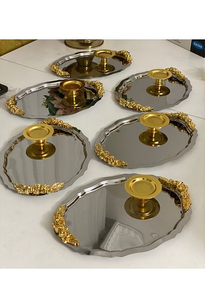 SEVA ÇELİK 2 Model Steel Oval Handled 25 cm Tray and Gold Makaron Holder Set of 6