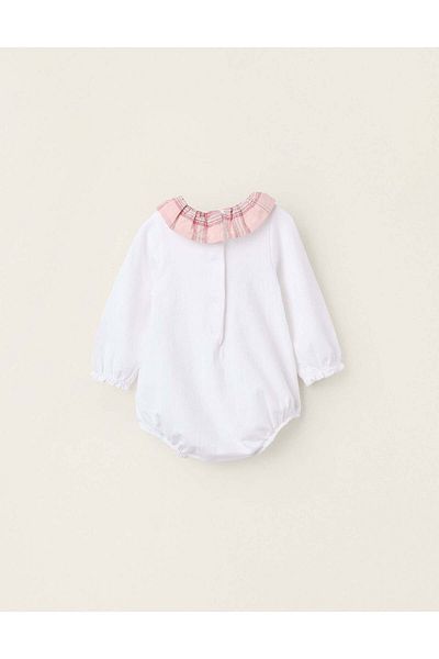Ziddy Cotton Bodysuit with Checkered Collar for Newborn Girls, White/Pink
