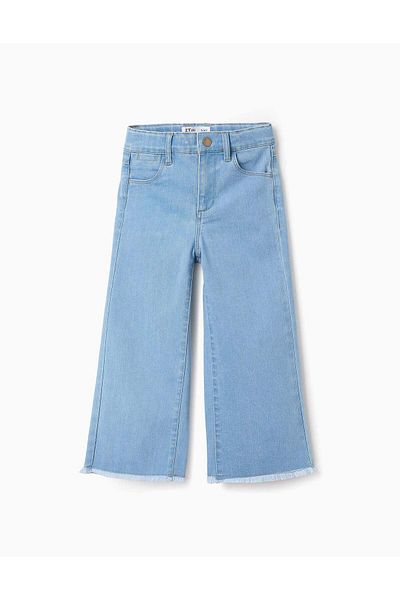 Ziddy Wide Leg Frayed Denim Trousers for Girls, Light Blue