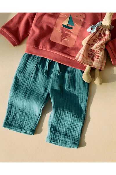 Ziddy Cotton Muslin Trousers for Newborns, Turquoise