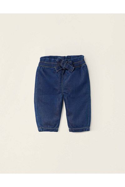 Ziddy Denim Joggers with Bow for Newborn Girls, Dark Blue